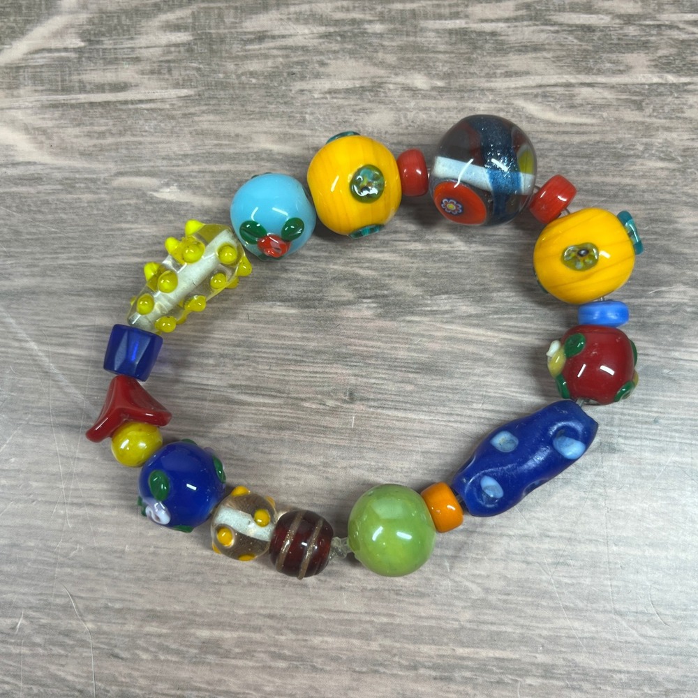Artisan Lampwork Glass Bead 7 in‎ Bracelet Women Multicolor Boho Chunky Stretch
